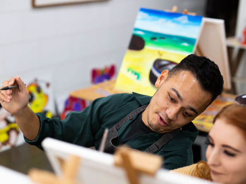 A couple painting at a Valentines Day art class